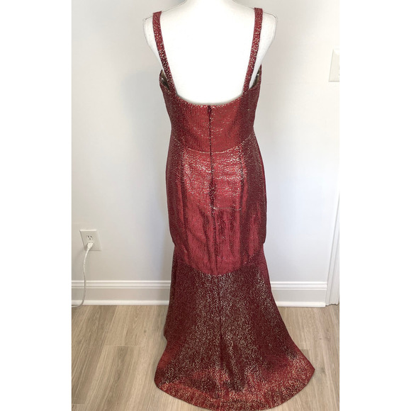Monique Lhuillier Metallic Cut Out High Low Gown In Maroon Gold Size 10 - Picture 9 of 16